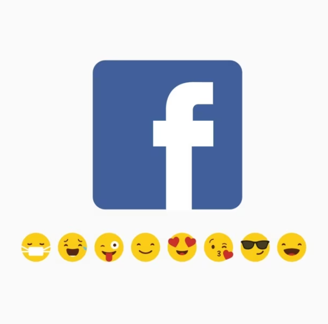 white Facebook logo in blue icon, emoji below it on plain white background