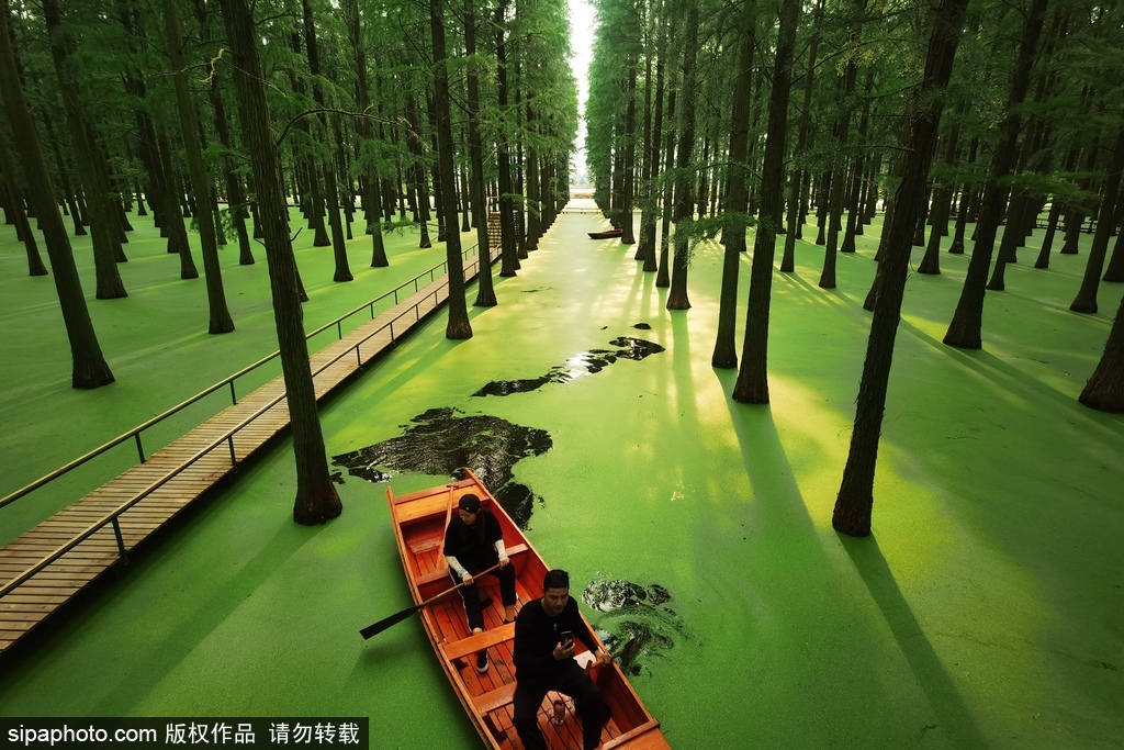 Two men on a boat rowing on Lake Haoyang