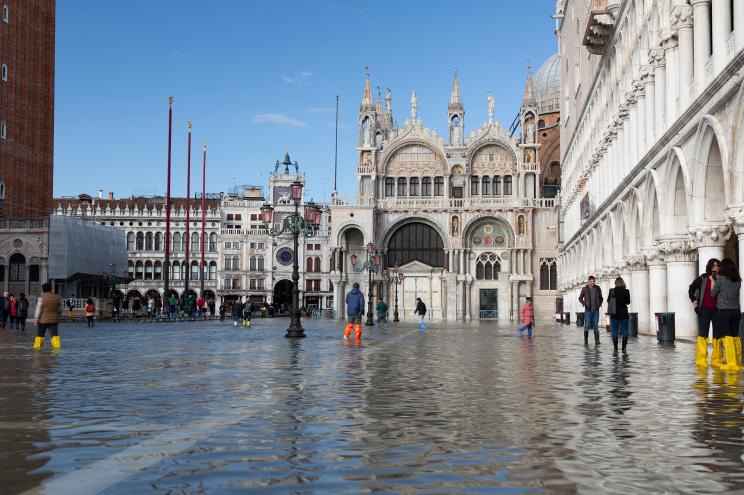 Flooded Piazza San Marco, view of the cathedral