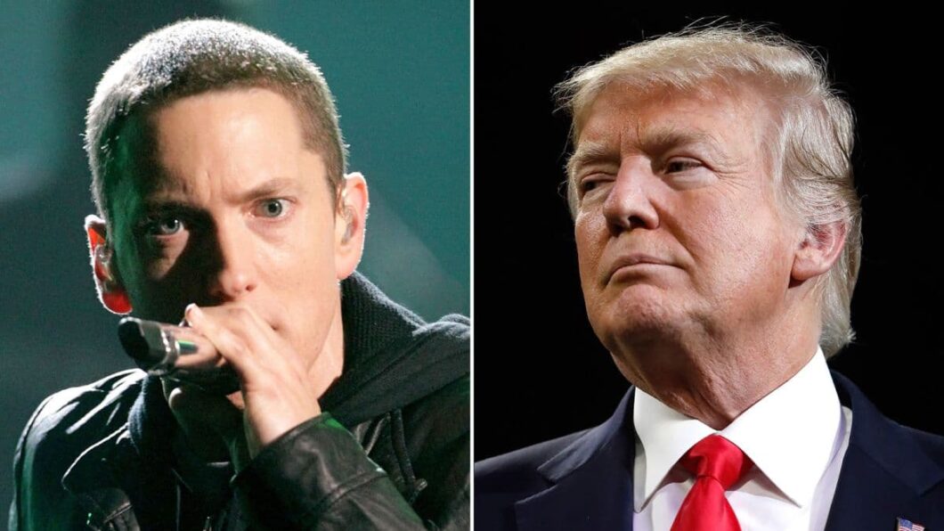 Eminem with a microphone on the other side of Donald Trump